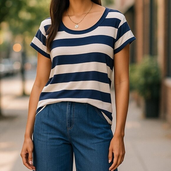 PLEIONE ANTHROPOLOGIE Navy Striped Tunic Top Tee M High Low Chiffon Panel Back - Picture 1 of 9